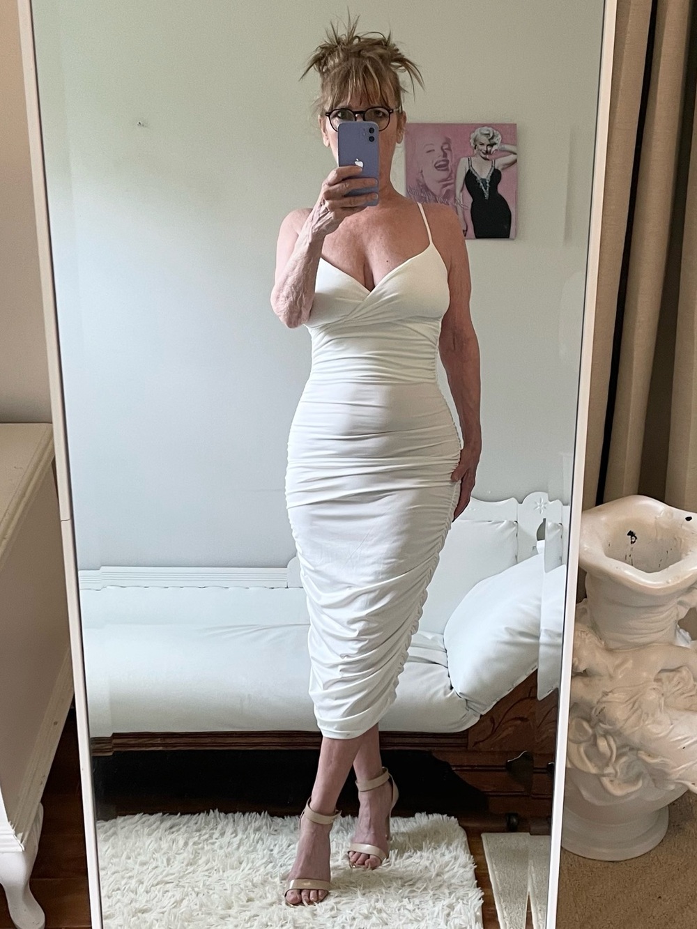 WHITE SPAGHETTI STRAP RUCHED DRESS SHEER STRETCH FAUX WRAP BUST